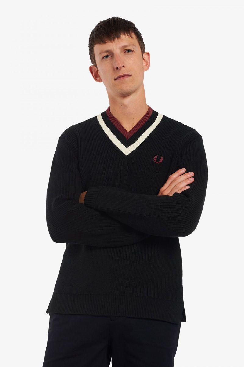 Black Fred Perry Striped V-Neck Jumper Men\'s Knitwear | PH 1322ZUTG